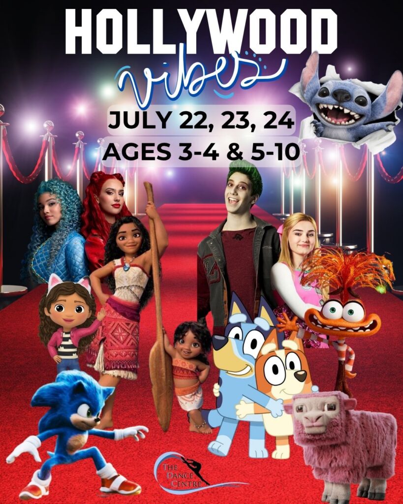 hollywood camp including bluey, Disney's descendants, Disney zombies, moana, sonic the hedgehog, Minecraft, lilo and stitch, Gabby's dollhouse and inside out